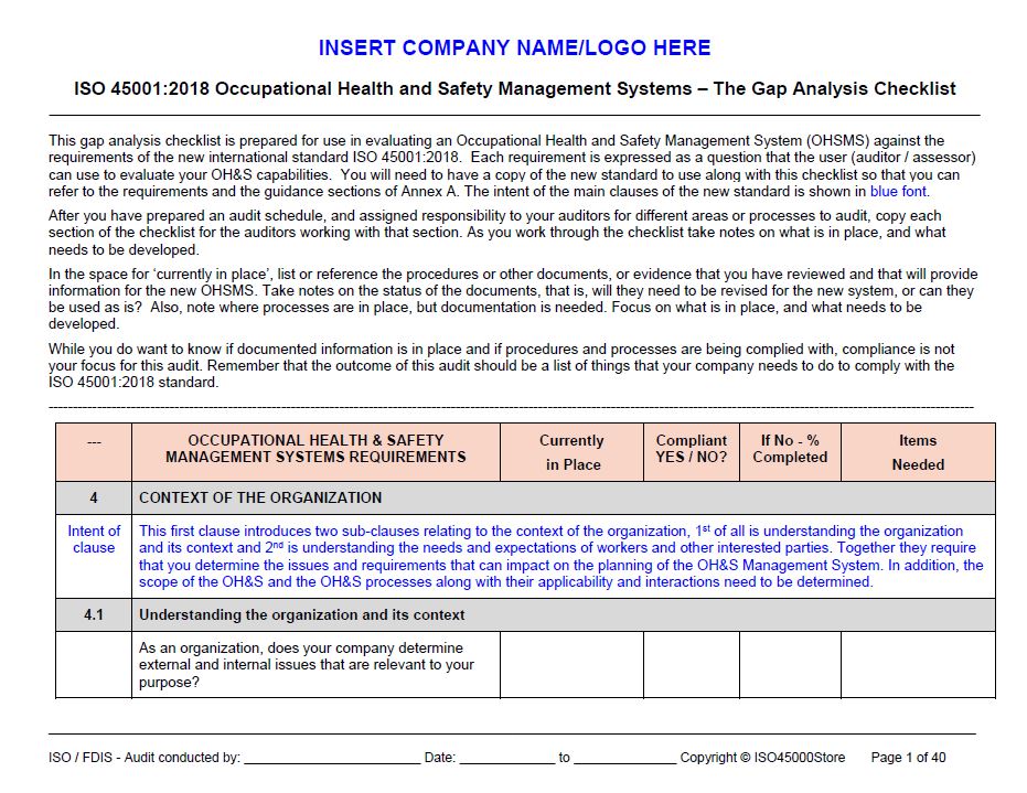 ISO 45001:2018 Gap Analysis Checklist