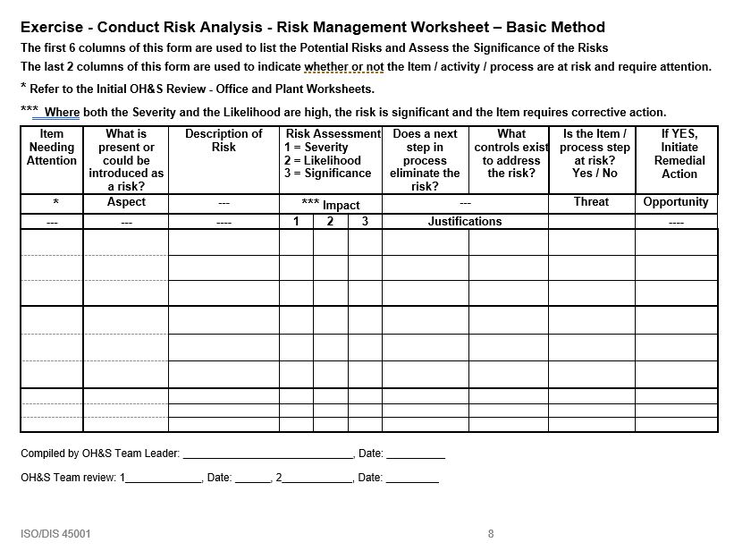 ISO 45001:2018 Risk Management Exercise