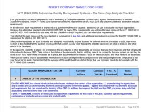 9001:2015 to 16949:2016 Gap Checklist