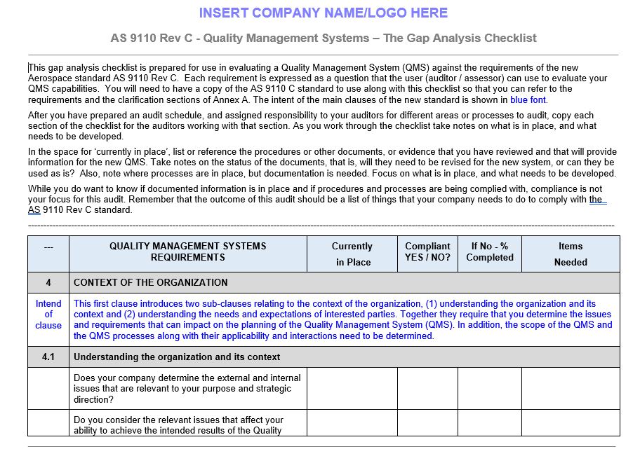AS9110 Rev C Gap Analysis Checklist