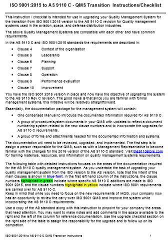 ISO 9001 to AS9110c Quality Manual Upgrade Instructions