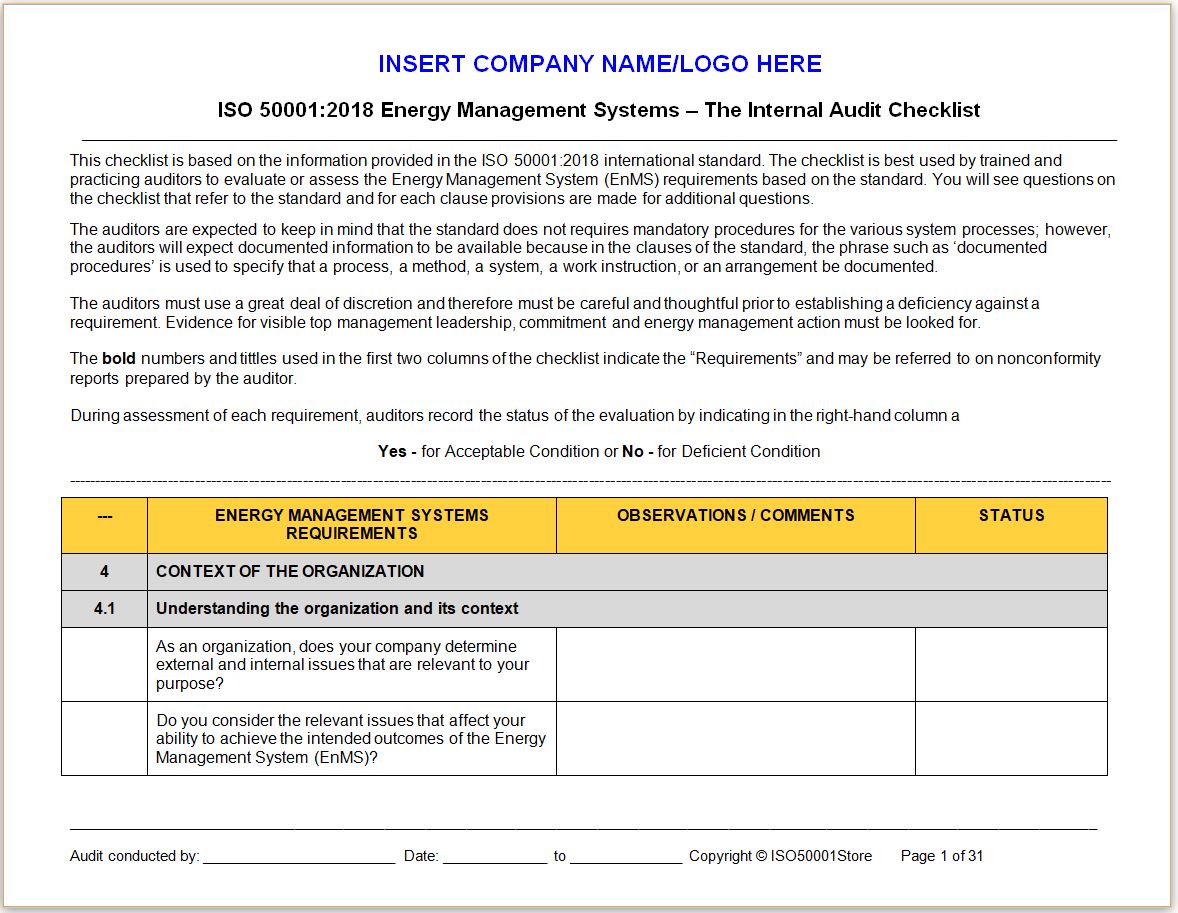 50001:2018 Internal Audit Checklist